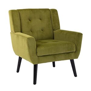 Dolonm Midcentury Modern Velvet Accent Chair with Arms, Upholstered Reading Side Chair Tufted Back Decorative Wingback Chair for Living Room Bedroom,Green