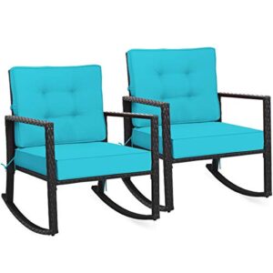 Tangkula Wicker Rocking Chair, Outdoor Glider Rattan Rocker Chair with Heavy-Duty Steel Frame, Patio Wicker Furniture Seat with 5” Thick Cushion for Garden, Porch, Backyard, Poolside (2, Turquoise)