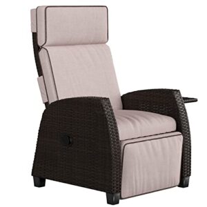 Grand Patio Indoor & Outdoor Recliner, All-Weather Wicker Reclining Patio Chair, Flip-Up Side Table, Beige Cushion