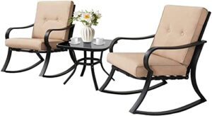 SUNCROWN Outdoor 3-Piece Rocking Chairs Patio Bistro Set Black Steel Furniture with Brown Thickened Cushion and Glass-Top Coffee Table